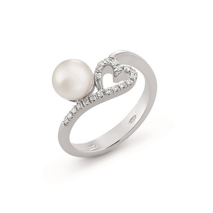Inel din aur 18K cu perla si diamante 0,10 ct., model inima, Orsini 2405G Inel din aur 18K cu perla si diamante 0,10 ct., model inima, Orsini 2405G